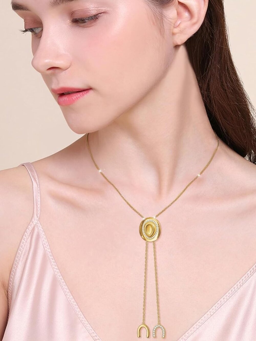 Cowboy Hat Necklace for Women Western Cowgirl Accessories Gold Bolo Tie Necktie - Picture 3 of 9